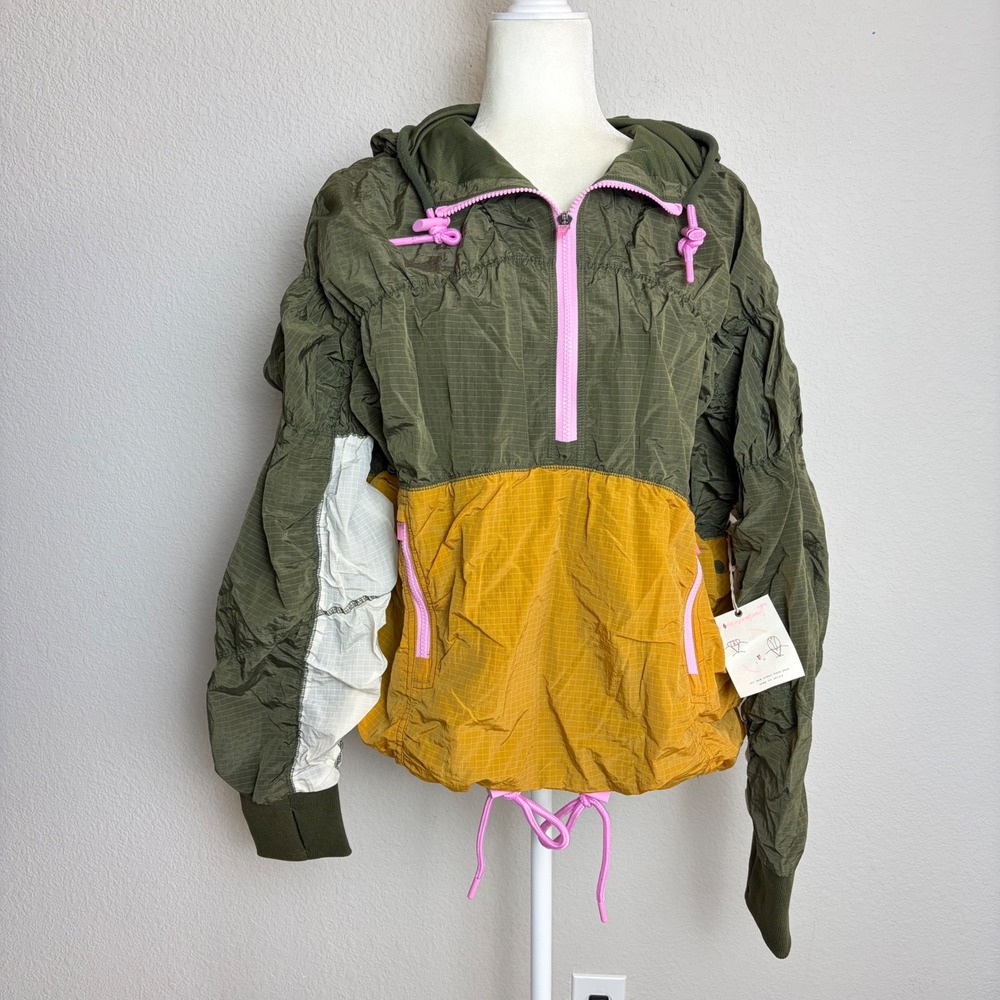 Free People Movement Happy Camper Windbreaker Jacket Olive Pink Medium NEW